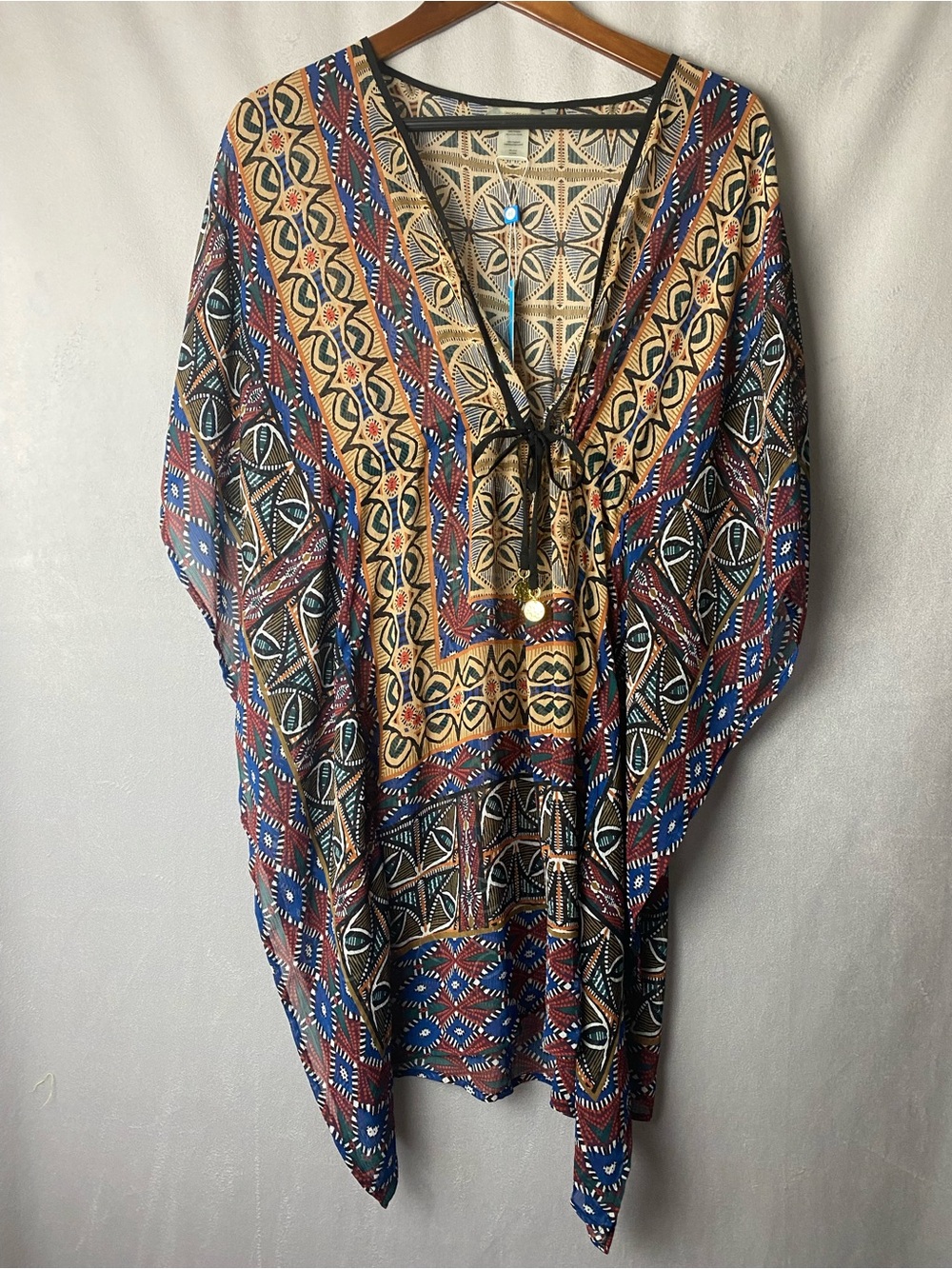 Bleu Rod Beattie Blue Brown Printed Beach Cruise Vacation Caftan Cover-Up OS